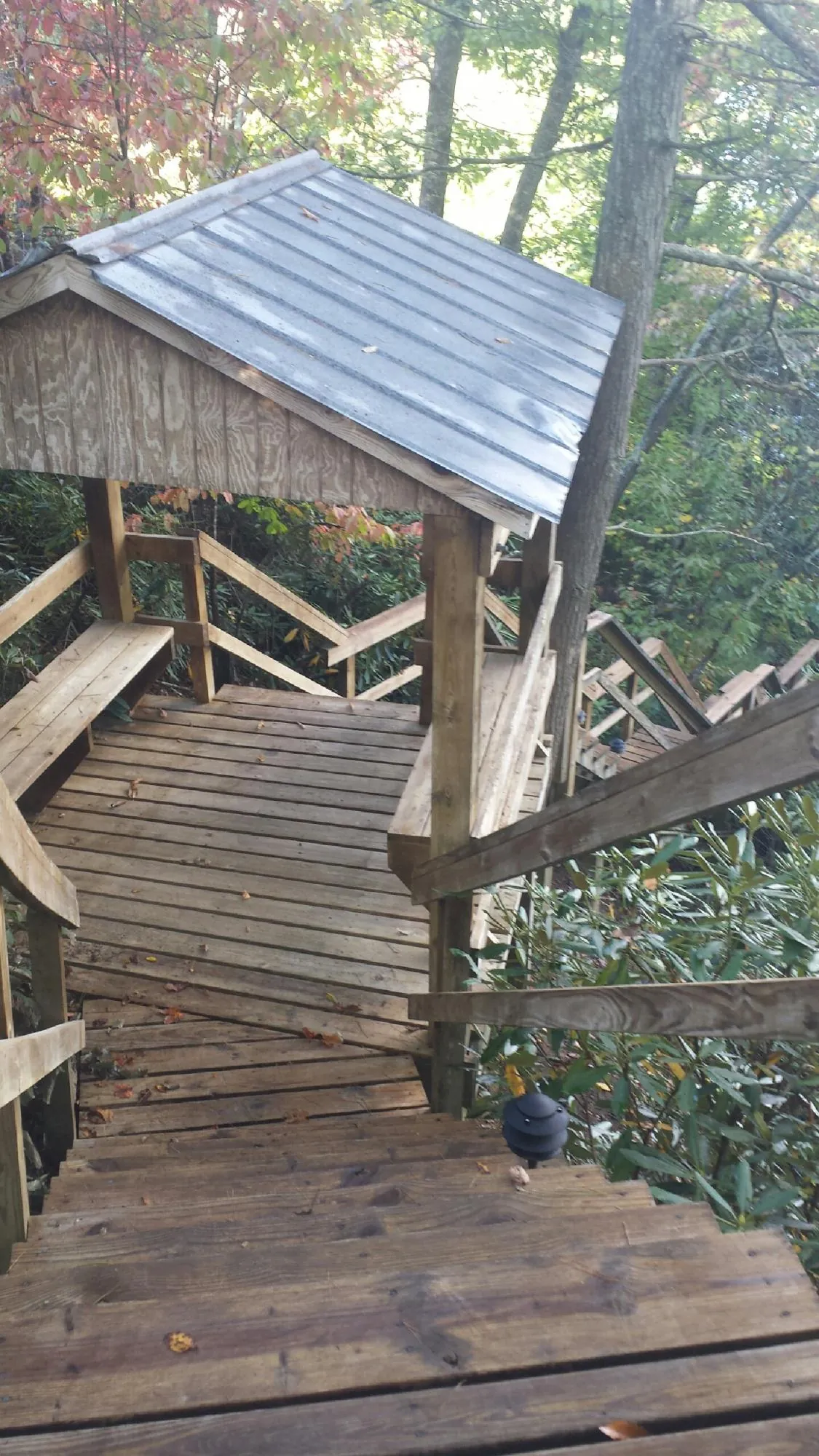 Metal roofed shelter over wooden steps on a wooded walkway — Skylight Repair & Installation work by our crew in Dorothy